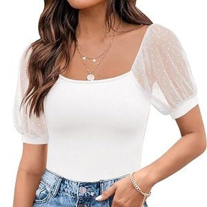 NWT DOROSE Summer Tops Sexy Casual Mesh Short Sleeve Shirts Blouses - XL White